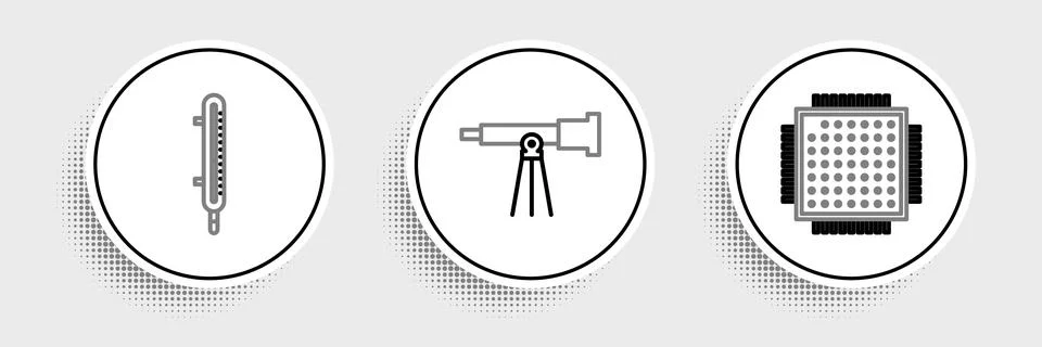 Set line Processor, Meteorology thermometer measuring and Telescope icon. V.. Stock Illustration