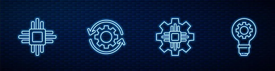 Set line Processor, with microcircuits CPU, Gear and arrows as workflow and Stock Illustration