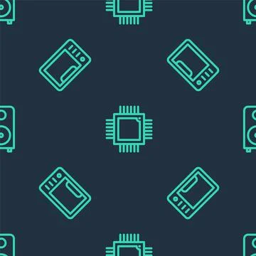 Set line Processor with microcircuits CPU, Microwave oven and Stereo speaker on Stock Illustration
