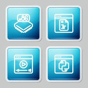 Set line Processor with microcircuits CPU, Software, Online play video and Stock Illustration