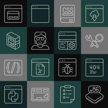 Set line Processor with microcircuits CPU, Page a 404 error, Debugging, Books Stock-Illustration