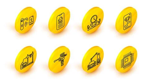 Set line Processor with microcircuits CPU, Mechanical screwdriver, 3D printer Stock Illustration