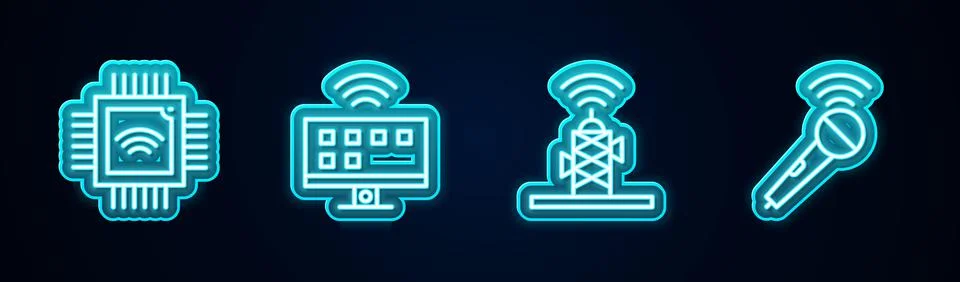 Set line Processor with microcircuits CPU, Smart Tv system, Wireless antenna and Stock Illustration