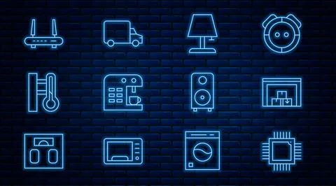 Set line Processor with microcircuits CPU, Warehouse, Table lamp, Coffee machine Illustrazione stock