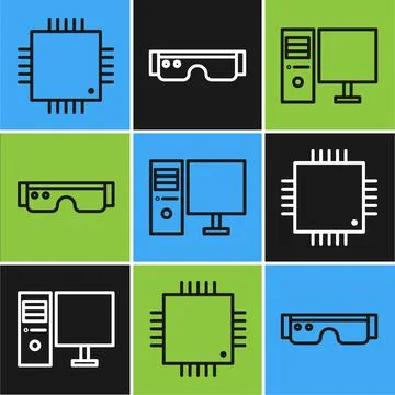 Set line Processor with microcircuits CPU, Computer monitor and Smart glasses Stockillustratie