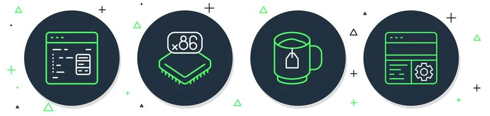 Set line Processor with microcircuits CPU, Cup of tea tea bag, Software and Stock Illustration