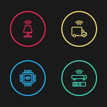 Set line Processor with microcircuits CPU, Wireless TV box receiver, Smart truck Illustrazione stock