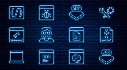 Set line Processor with microcircuits CPU, Flowchart, Hacker coder, Loading data Stock Illustration