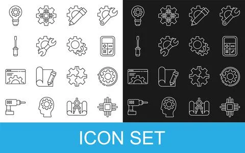 Set line Processor with microcircuits CPU, Gear and arrows as workflow Stock Illustration