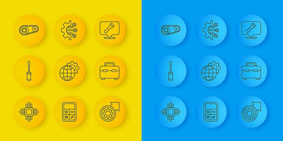 Set line Processor with microcircuits CPU, Screwdriver, Globe of the Earth and Stockillustratie