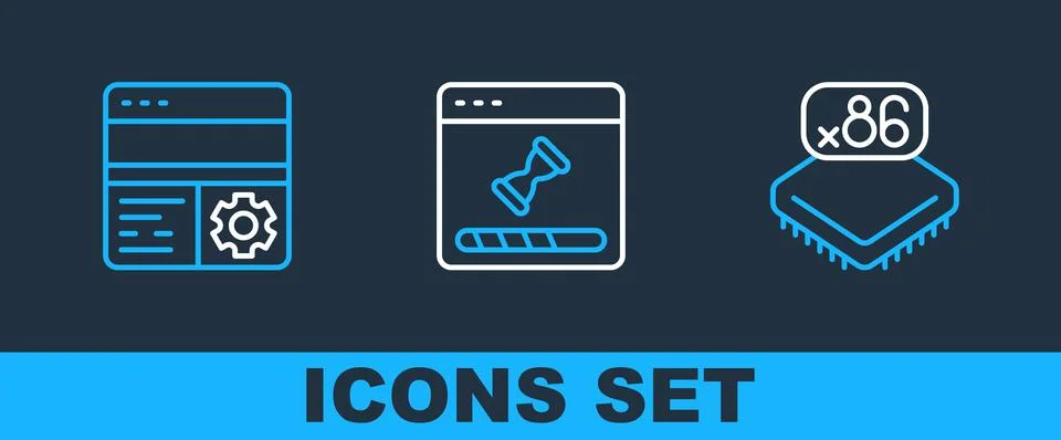 Set line Processor with microcircuits CPU, Debugging and Loading data window  Stock Illustration