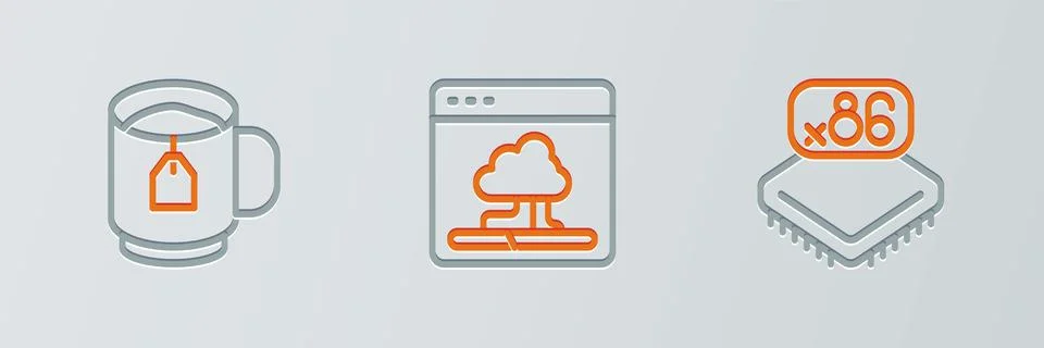 Set line Processor with microcircuits CPU, Cup of tea tea bag and Cloud Stock Illustration