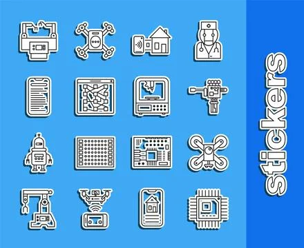 Set line Processor with microcircuits CPU, Mechanical robot hand and screwdriver Stock Illustration