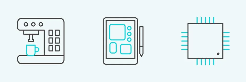 Set line Processor with microcircuits CPU, Coffee machine and Graphic tablet Stock Illustration