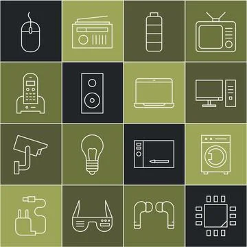 Set line Processor with microcircuits CPU, Washer, Computer monitor, Battery Illustrazione stock