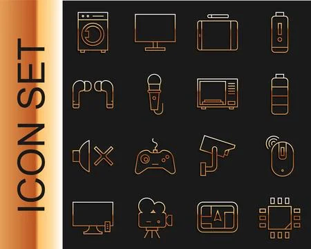 Set line Processor with microcircuits CPU, Wireless computer mouse, Battery Stockillustratie