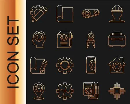 Set line Processor with microcircuits CPU, House gear, Toolbox, Timing belt kit Stock Illustration
