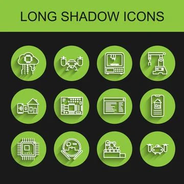 Set line Processor with microcircuits CPU, Factory conveyor system belt, Drone 스톡 일러스트