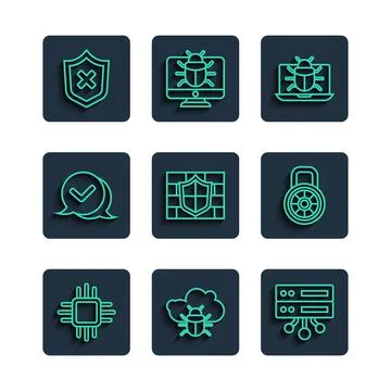 Set line Processor with microcircuits CPU, System bug on a cloud, Server, D.. 스톡 일러스트