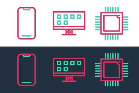Set line Processor with microcircuits CPU, Smartphone and Tv icon. Vector Stock Illustration