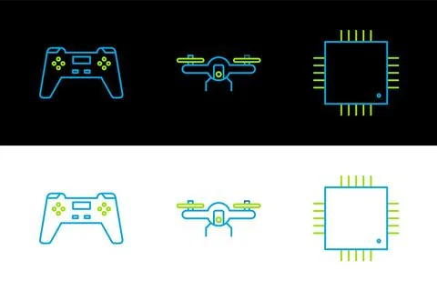 Set line Processor with microcircuits CPU, Gamepad and Drone flying icon. V.. Stock Illustration