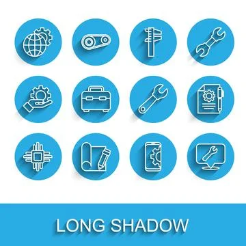 Set line Processor with microcircuits CPU, Graphing paper and pencil, Globe.. Illustrazione stock