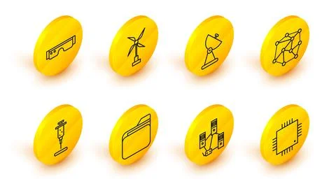 Set line Processor with microcircuits CPU, Computer network, Document folde.. Illustrazione stock