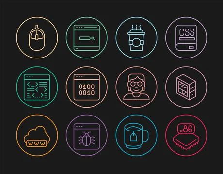 Set line Processor with microcircuits CPU, Computer, Coffee cup to go, Bina.. イラスト素材