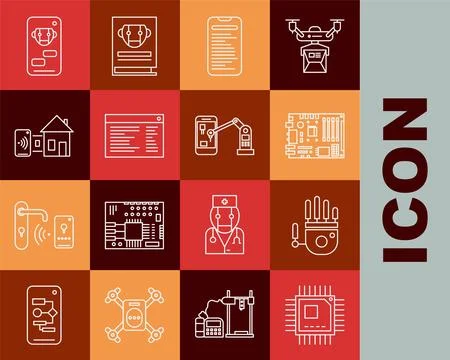 Set line Processor with microcircuits CPU, Computer api interface, Software.. Stock Illustration