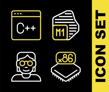 Set line Processor, with microcircuits CPU, Hacker coder and Software icon... イラスト素材