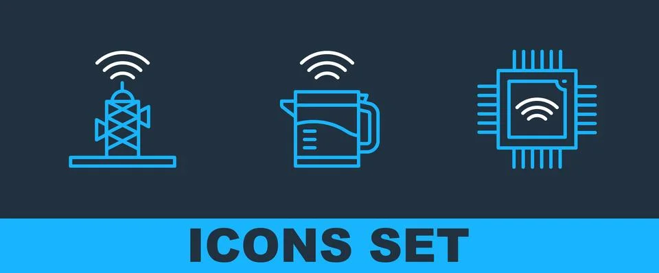 Set line Processor with microcircuits CPU, Wireless antenna and Smart elect.. Illustrazione stock