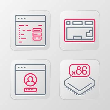 Set line Processor with microcircuits CPU, Create account screen, Keyboard .. Illustrazione stock