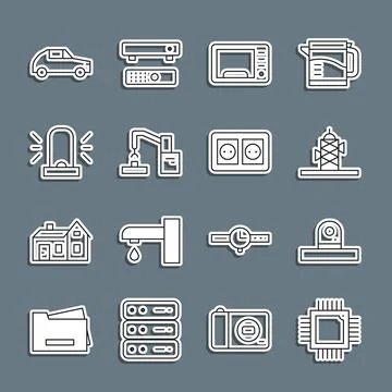 Set line Processor with microcircuits CPU, Security camera, Antenna, Microw.. Stock Illustration
