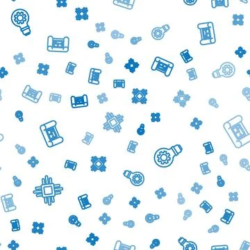 Set line Processor with microcircuits CPU, Light bulb and gear and House plan 库存插图