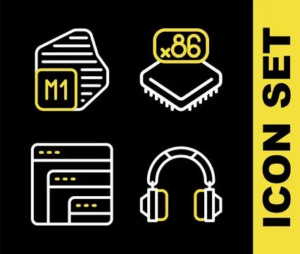 Set line Processor with microcircuits CPU, Headphones, Software and  icon. .. 스톡 일러스트