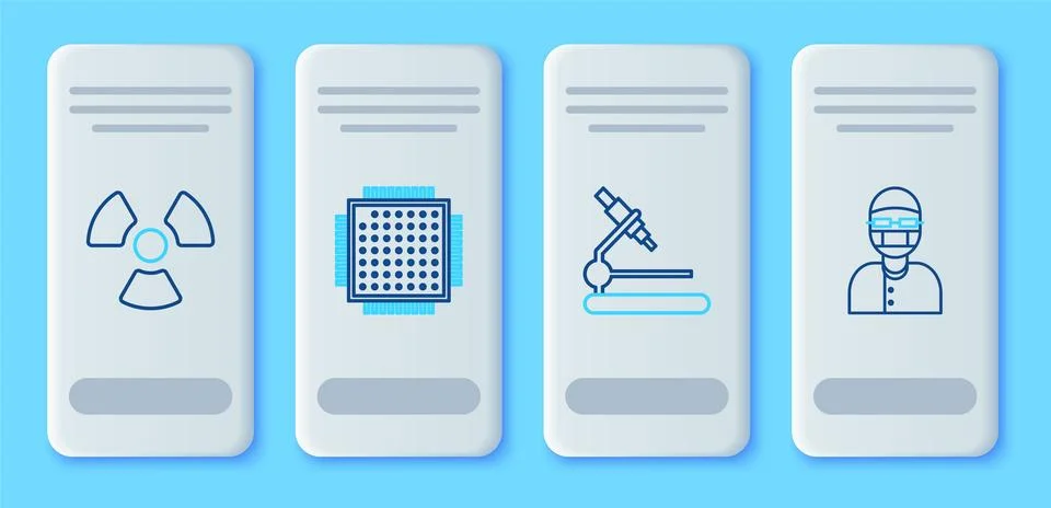 Set line Processor, Microscope, Radioactive and Assistant icon. Vector Stock Illustration