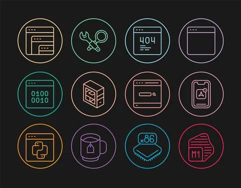 Set line Processor, Mobile Apps, Page with a 404 error, Computer, Binary code Stock Illustration