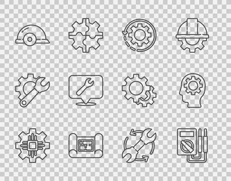 Set line Processor, Multimeter, Gear and arrows as workflow, House plan, Wo.. Stock Illustration
