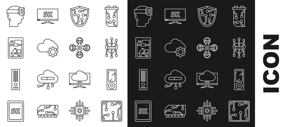 Set line Processor, Music player, Cyber security, Cloud technology data transfer Stock Illustration