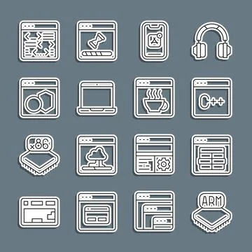 Set line Processor, MySQL code, Software, Mobile Apps, Laptop, and icon. Vector Stock Illustration