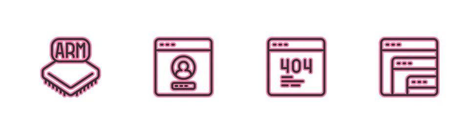 Set line Processor, Page with a 404 error, Create account screen and Software Ilustración de archivo