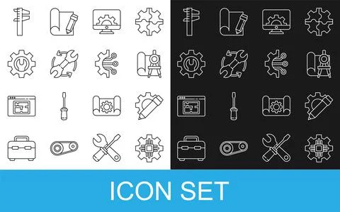Set line Processor, Pencil and gear, Graphing paper compass, Computer monitor Stock Illustration