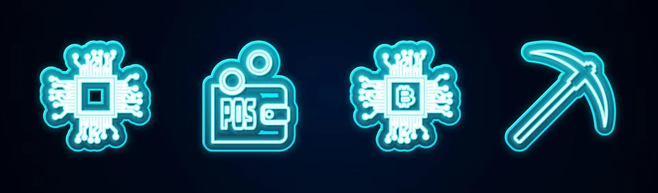 Set line Processor, Proof of stake, CPU mining farm and Pickaxe. Glowing neon Illustrazione stock