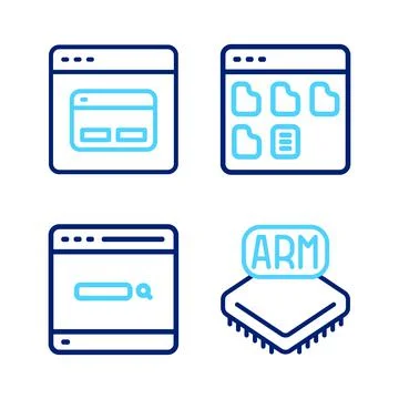 Set line Processor, Search engine, Browser files and icon. Vector Ilustración de archivo
