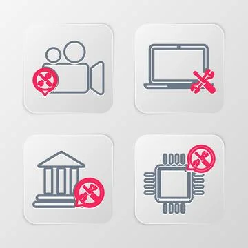 Set line Processor service, Bank building, Laptop and Video camera icon. Vect Ilustración de archivo