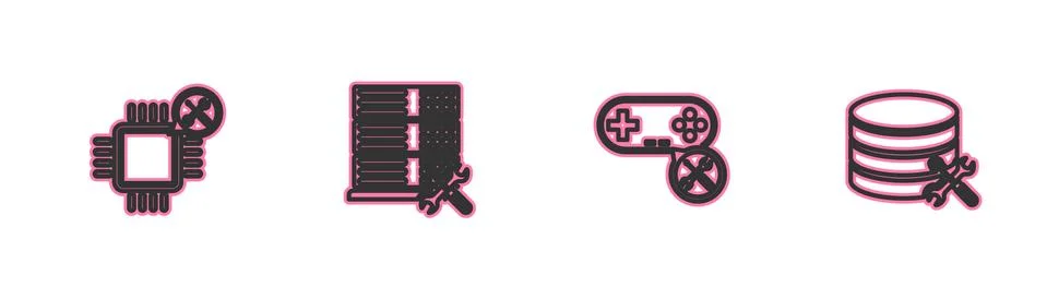 Set line Processor service, Gamepad, Database server and icon. Vector Stock Illustration