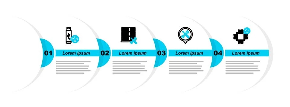 Set line Processor service Location Database server and USB flash drive icon. Stock Illustration