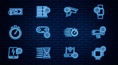 Set line Processor setting, Air conditioner, Security camera, Gamepad, Stopwatch Illustrazione stock