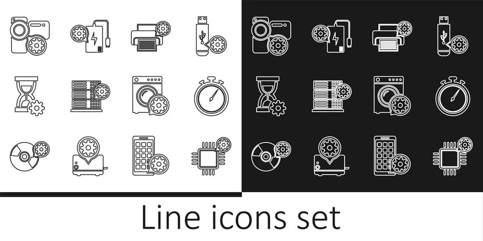 Set line Processor setting, Stopwatch, Printer, Server, Hourglass, Video camera Stock Illustration