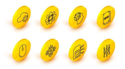 Set line Processor, Sim card, Computer mouse, Hard disk drive HDD, Human brain Illustrazione stock